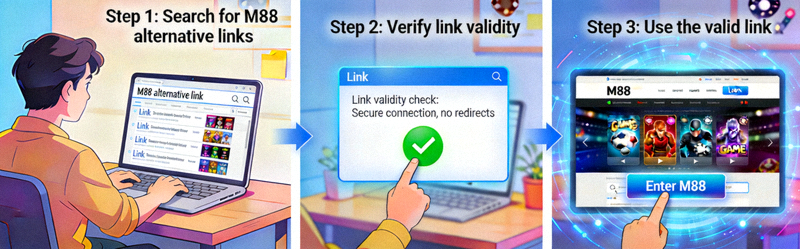Animasi ilustrasi proses menemukan dan menggunakan link alternatif M88 yang valid