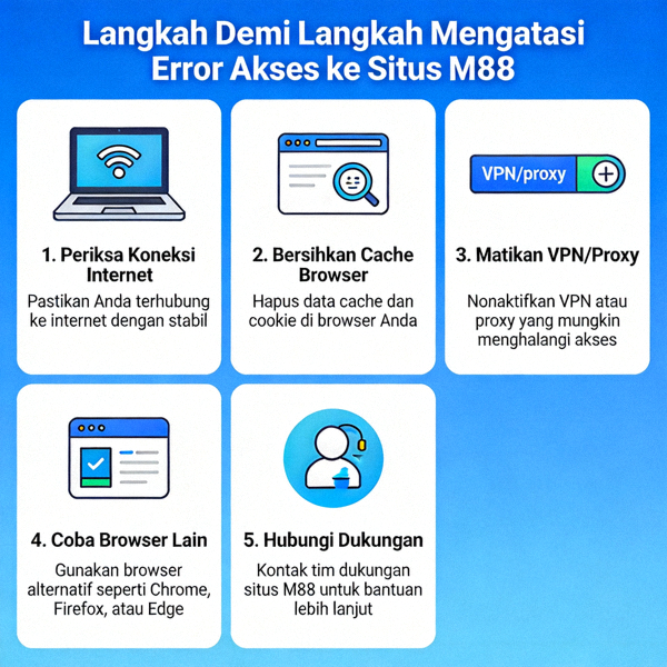 Animasi panduan visual langkah demi langkah mengatasi error akses ke situs M88