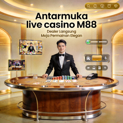Antarmuka live casino M88 dengan dealer langsung dan meja permainan yang elegan