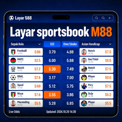 Layar sportsbook M88 menampilkan berbagai odds taruhan olahraga sepak bola